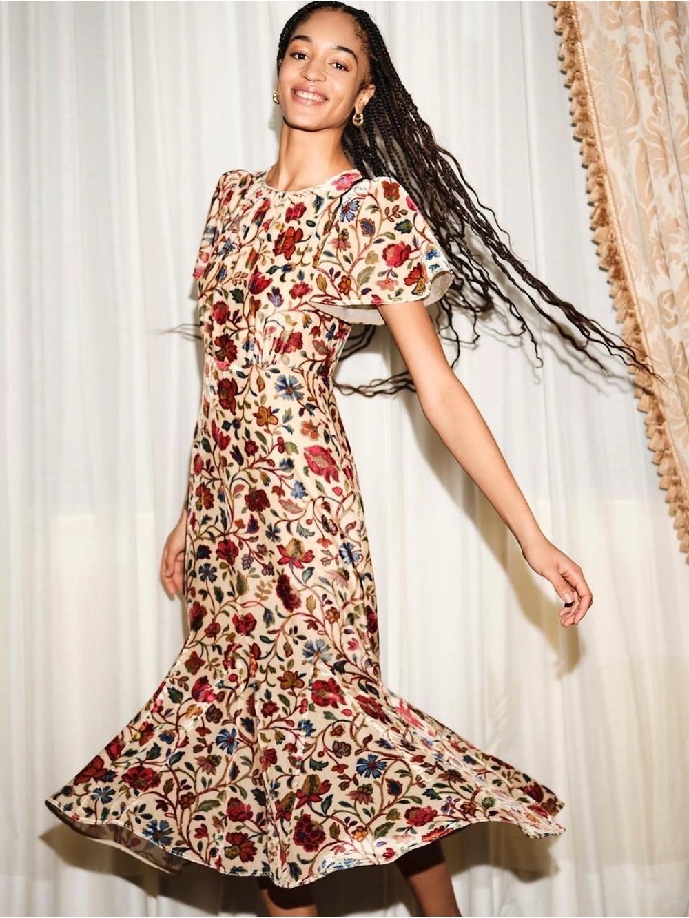 Rhode Arabella Midi Dress in Cream Vichy Rose Floral Velvet - Size 4 - NWT - Picture 1 of 8